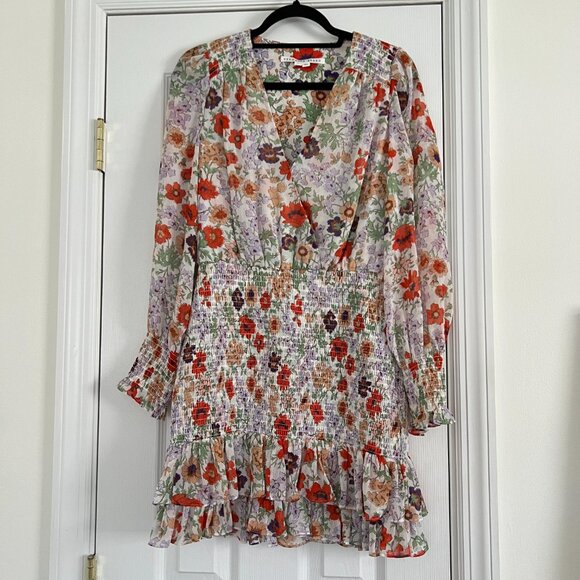 Veronica Beard Saera Smocked Multi Floral Print Chiffon Mini Ruffle Dress Size 0 - Picture 2 of 8